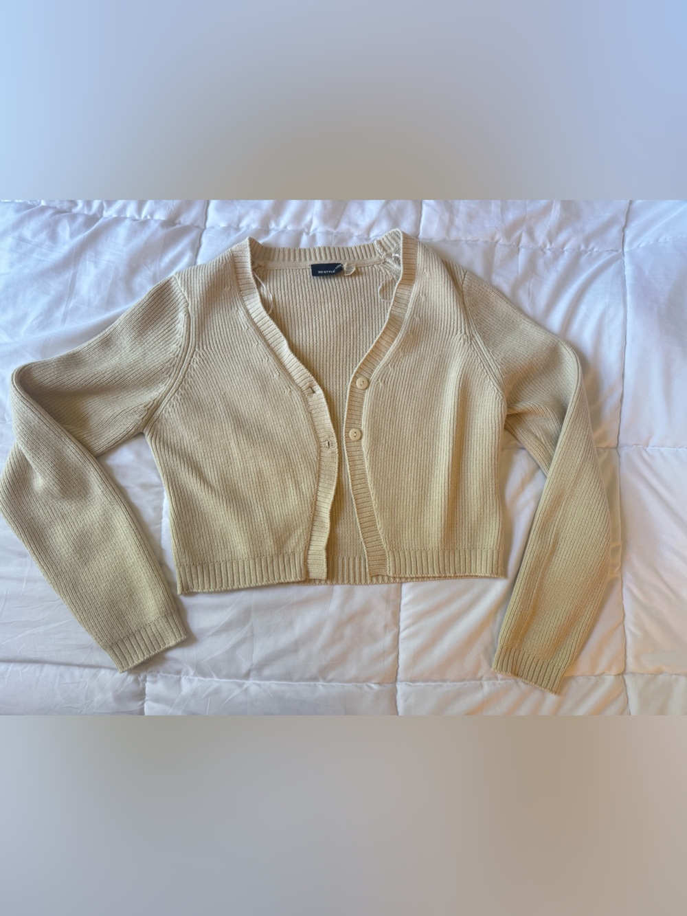 Cream Ribbed V-Neck Button Cardigan - Picture 1 of 4